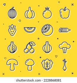 Set line Fresh green onions, Broccoli, cucumber, Tomato, Melon fruit, Strawberry, Watermelon and Orange icon. Vector
