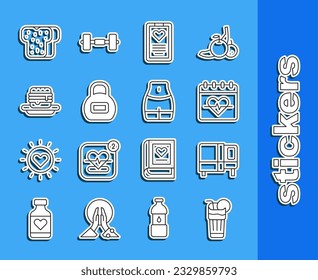 Set line Fresh smoothie, Bed, Heart rate, Medical clipboard, Kettlebell, Junk food, Bread toast and Women waist icon. Vector