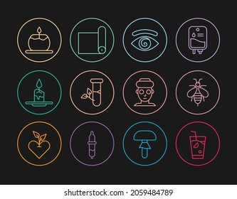 Set line Fresh smoothie, Bee, Hypnosis, Laboratory glass and leaves, Aroma candle, Facial cosmetic mask and Fitness mat roll icon. Vector