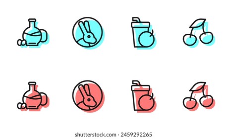 Set line Fresh smoothie, Bottle of olive oil, Rabbit and berries icon. Vector