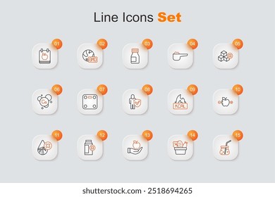 Set line Fresh smoothie, Shopping bag and food, Apple, Lactose intolerance, Palm oil free, Calorie calculator, Kcal and Healthy lifestyle icon. Vector