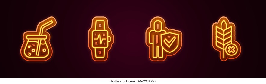 Set line Smoothie fresco, reloj inteligente con corazón, estilo de vida saludable y grano sin gluten. Icono de neón brillante. Vector