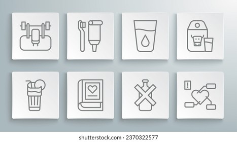 Set line Fresh smoothie, Toothbrush and toothpaste, Medical book, No alcohol, Attention health heart, Glass with water, Paper package for milk and Bench barbel icon. Vector