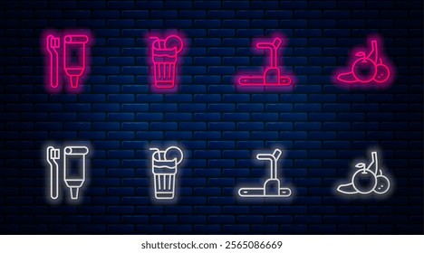 Set line Fresh smoothie, Treadmill machine, Toothbrush and toothpaste and Fruit. Glowing neon icon on brick wall. Vector