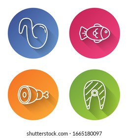 Set line Fried chicken wing, Fish, Chicken leg and Fish steak. Color circle button. Vector