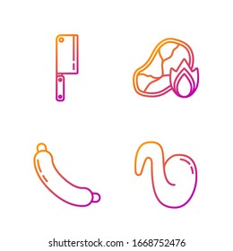 Set line Fried chicken wing, Sausage, Meat chopper and Grilled steak meat and fire flame. Gradient color icons. Vector