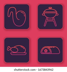 Set line Fried chicken wing, Roasted turkey or chicken, Barbecue grill and Meat. Blue square button. Vector