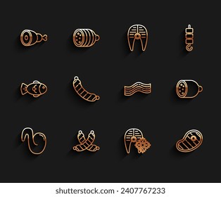 Set line Fried chicken wing, Crossed sausage, Chicken leg, Fresh frozen fish steak, Steak meat, Sausage, Salami and Bacon stripe icon. Vector