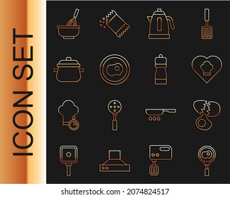 Set line Fried eggs on frying pan, Broken, Chef hat, Electric kettle, Scrambled, Cooking pot, Kitchen whisk with bowl and Pepper icon. Vector