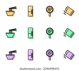 Set line Fried eggs on frying pan, Asian noodles bowl, Refrigerator and Packet of pepper icon. Vector
