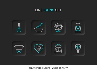 Set line Fried eggs on frying pan, Scales, Chef hat, Cooking pot fire, Grater, whisk with bowl and Spatula icon. Vector