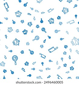 Set line Fried eggs on frying pan, Meat chopper and Cooking pot on seamless pattern. Vector