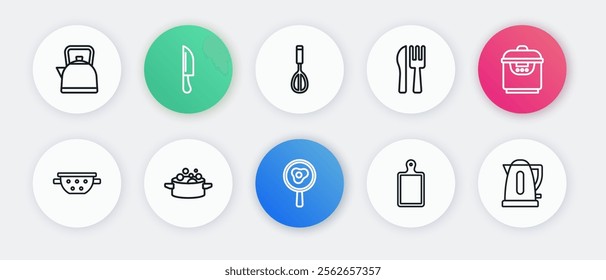 Set line Fried eggs on frying pan, Slow cooker, Kitchen colander, Cutting board, Crossed knife fork, whisk, Electric kettle and Cooking pot icon. Vector