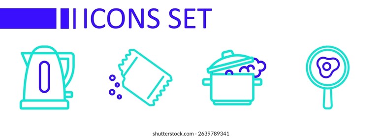 Set line Fried eggs on frying pan, Cooking pot, Packet of pepper and Electric kettle icon. Vector