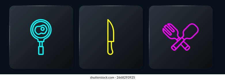 Coloca los huevos fritos en la sartén, el tenedor cruzado y la cuchara y el cuchillo. Botón cuadrado negro. Vector