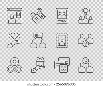 Set line Friends forever, Complicated relationship, Family photo, Give gift, Video chat conference, BFF best friends, Chat messages laptop and  icon. Vector