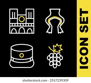 Set line Frog legs, Grape fruit, Kepi and Notre Dame icon. Vector