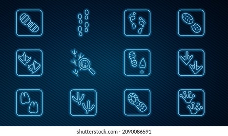 Set line Frog paw footprint, Goose, Human, Bird, Seagull, footprints shoes,  and  icon. Vector