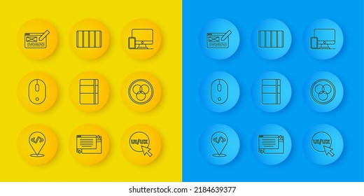 Set line Front end development, Computer mouse, Sketchbook or album, UI UX design, RGB and CMYK color mixing, Monitor mobile and Color palette guide icon. Vector