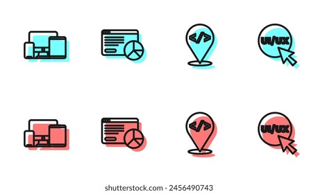 Set line Front end development, Monitor, mobile, tablet, Website statistic and UI UX design icon. Vector