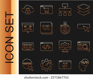 Set line Front end development, UI or UX design, Site map, Planning strategy concept, Cloud computing lock and Time is money icon. Vector