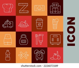 Set line Fruit, Bathroom scales, Fresh smoothie, Sports nutrition, Healthy food, Ambulance and emergency car, Bread toast and Coffee cup go icon. Vector