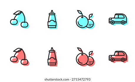 Set line Fruit, Cherry, Sauce bottle and Car icon. Vector