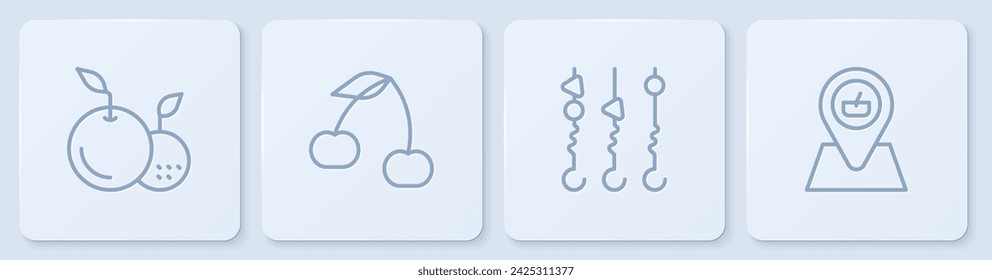 Set line Fruit, Grilled shish kebab on skewer, Cherry and Picnic location. White square button. Vector
