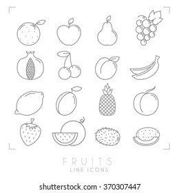 Set of line Fruit icons. Flat style. Orange, apple, pear, grape, pomegranate, cherry, apricot, banana, lemon, plum, pineapple, peach, watermelon, kiwi, melon, strawberry.