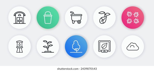 Set line Fruit tree, Colorado beetle, Water tower, Seeds of specific plant, Sprout, Wheelbarrow, Cloudy weather and  icon. Vector
