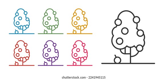 Set line Fruit tree icon isolated on white background. Agricultural plant. Organic farm product. Fruit garden. Gardening theme. Set icons colorful. Vector