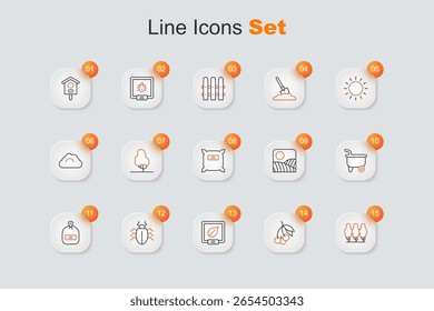 Set line árboles frutales, bayas frescas, semillas de plantas específicas, escarabajo de Colorado, paquete de semillas completas, carretilla, agricultura de trigo y granja de iconos. Vector