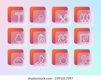 Set line Fruit trees, Rooster weather vane, Apple, Sun, Spray against insects, Shovel and rake, Garden and Farmer worker hat icon. Vector