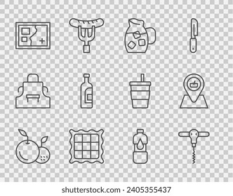 Set line Fruit, Wine corkscrew, Jug glass with water, Checkered napkin, Folded map, Bottle of wine,  and Picnic location icon. Vector
