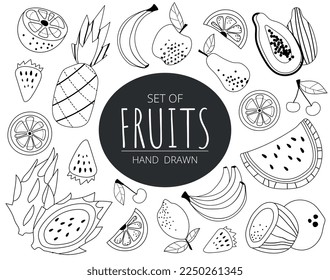Set of line fruits. Poster or banner for website. Collection of minimalist products, exotic and tropic. Pineapple, banana and watermelon. Cartoon flat vector illustrations isolated on white background
