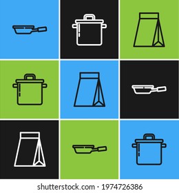 Set line Frying pan, Bag of coffee beans and Cooking pot icon. Vector