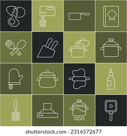 Set line Frying pan, Bottle of olive oil, Cooking pot, Saucepan, Knife, Crossed fork and spoon, Broken egg and  icon. Vector