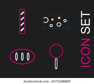 Set line Frying pan, Bread loaf, Cheese and French baguette bread icon. Vector