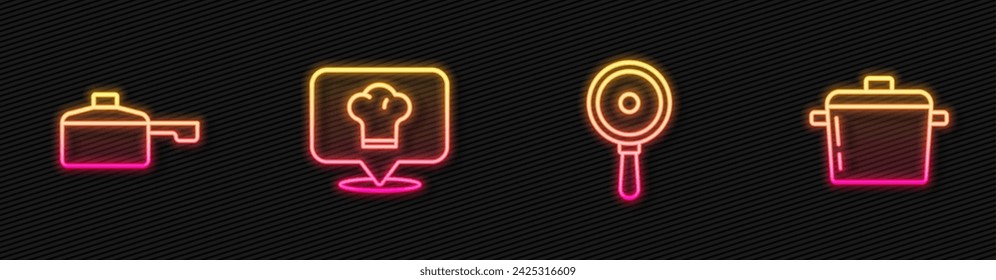 Set line Frying pan, , Chef hat with location and Cooking pot. Glowing neon icon. Vector