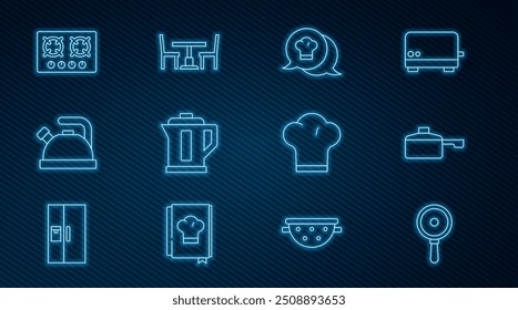 Set line Frying pan, Chef hat speech bubble, Electric kettle, Kettle with handle, Gas stove,  and Wooden table chair icon. Vector