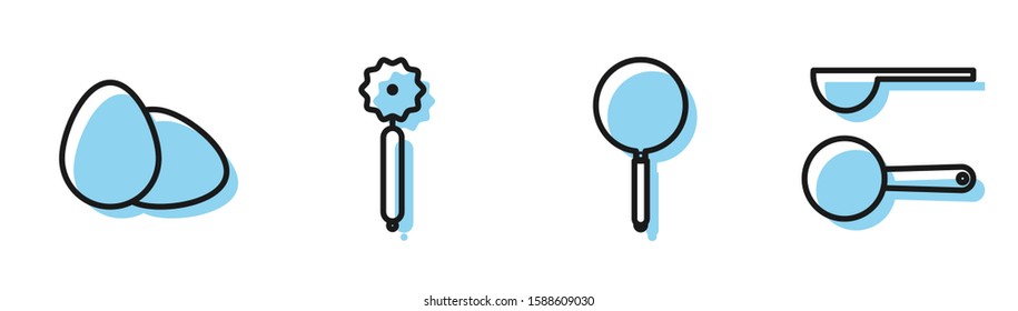 Set line Frying pan , Chicken egg , Pizza knife  and Measuring spoon  icon. Vector