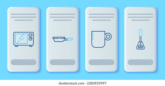 Set line Frying pan, Coffee cup, Microwave oven and Spatula icon. Vector