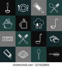 Set line Frying pan, Cooking pot, Kitchen ladle, Grater, Coffee cup,  and Chef hat with fork and spoon icon. Vector