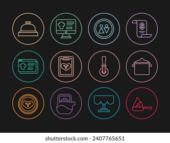Set line Frying pan, Cooking pot, Toilet, Restaurant cafe menu, Online ordering and delivery, Hotel service bell, Pizza knife and  icon. Vector
