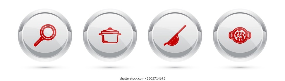 Sartén, olla de cocción, colador de cocina y sopa. Botón de círculo plateado. Vector