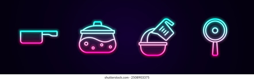 Set line Frying pan, Cooking pot, Measuring cup and bowl and . Glowing neon icon. Vector