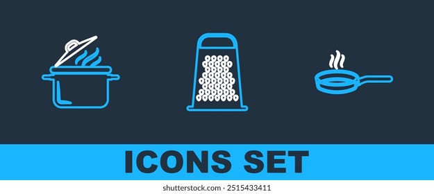 Set line Frying pan, Cooking pot and Grater icon. Vector