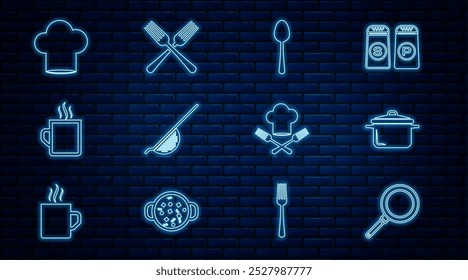 Set line Frying pan, Cooking pot, Spoon, Kitchen colander, Coffee cup, Chef hat, fork and Crossed icon. Vector