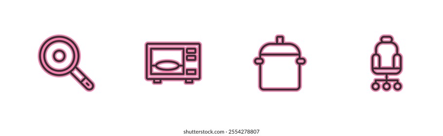 Set line Frying pan, Cooking pot, Microwave oven and Office chair icon. Vector