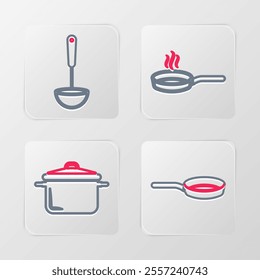 Set line Frying pan, Cooking pot,  and Kitchen ladle icon. Vector